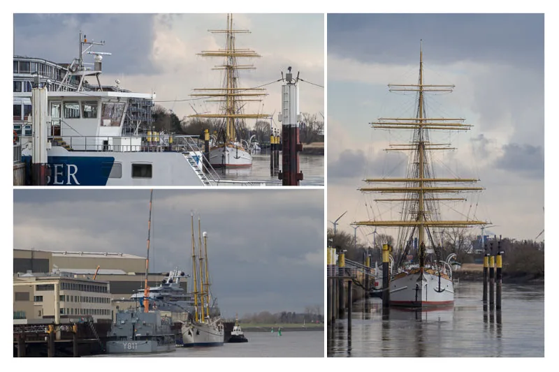 Bildcollage vom Vegesacker Hafen mit historischen Segelschiffen